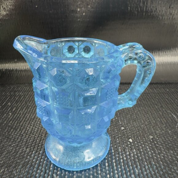 Vintage Kemple Blue Waffle Button Glass 2oz Creamer Small Glass Jug Pitcher VTG - Picture 9 of 10